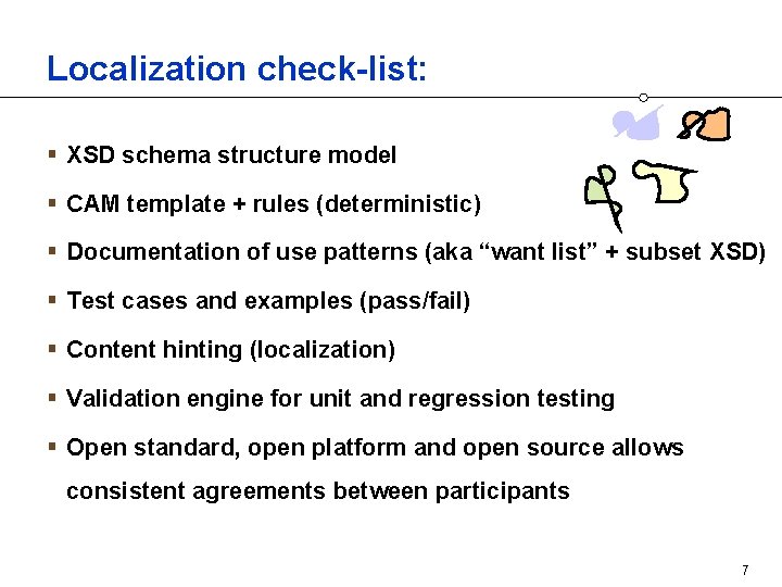 Localization check-list: § XSD schema structure model § CAM template + rules (deterministic) §