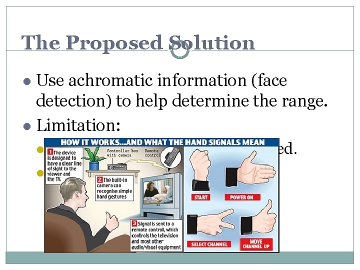 The Proposed Solution Use achromatic information (face detection) to help determine the range. l The Proposed Solution Use achromatic information (face detection) to help determine the range. l