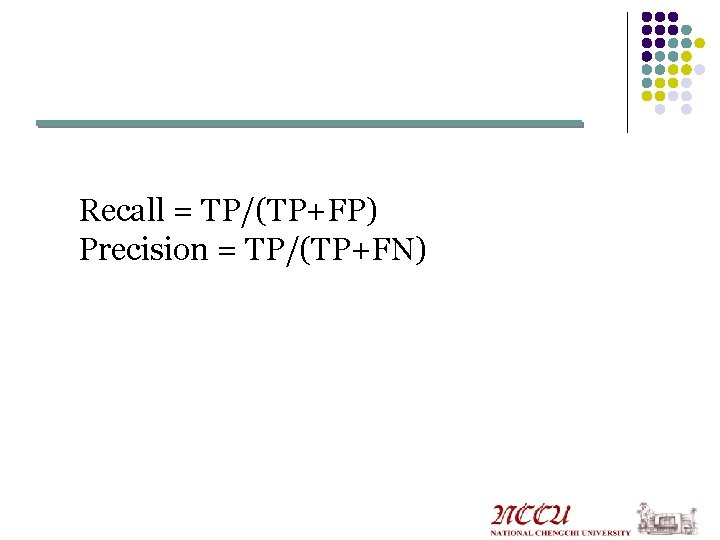 Recall = TP/(TP+FP) Precision = TP/(TP+FN) Recall = TP/(TP+FP) Precision = TP/(TP+FN)