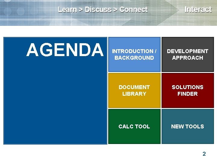 AGENDA INTRODUCTION / BACKGROUND DEVELOPMENT APPROACH DOCUMENT LIBRARY SOLUTIONS FINDER CALC TOOL NEW TOOLS