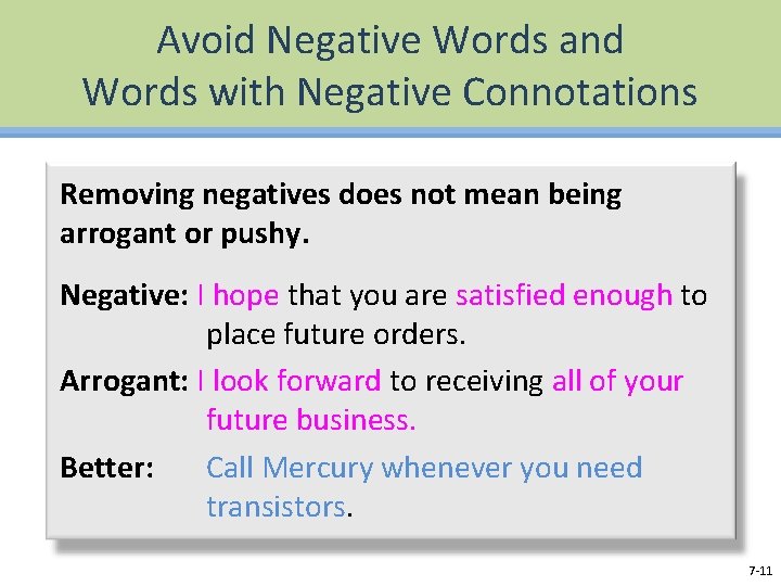 Avoid Negative Words and Words with Negative Connotations Removing negatives does not mean being