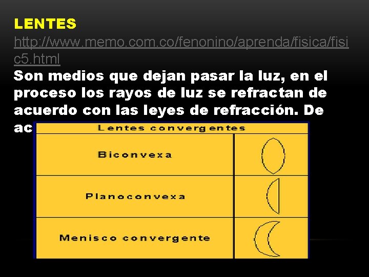 LENTES http: //www. memo. com. co/fenonino/aprenda/fisica/fisi c 5. html Son medios que dejan pasar