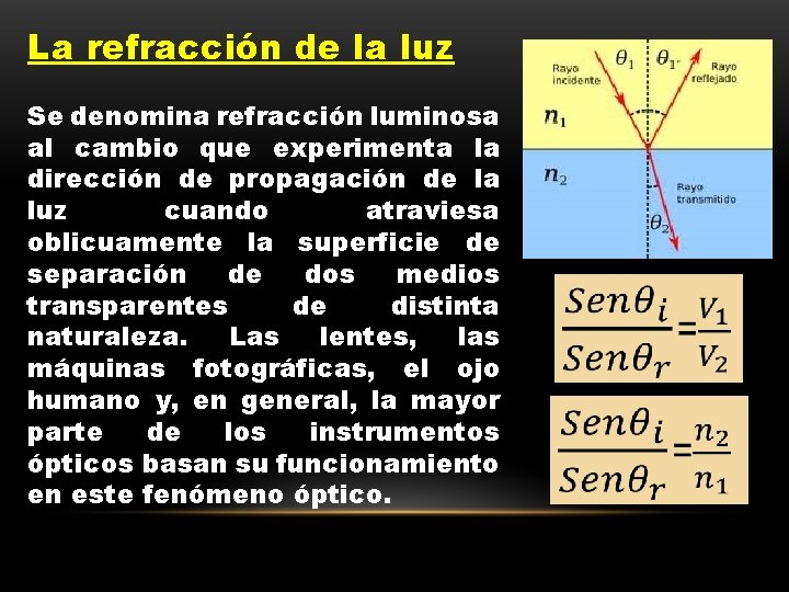 La refracción de la luz Se denomina refracción luminosa al cambio que experimenta la