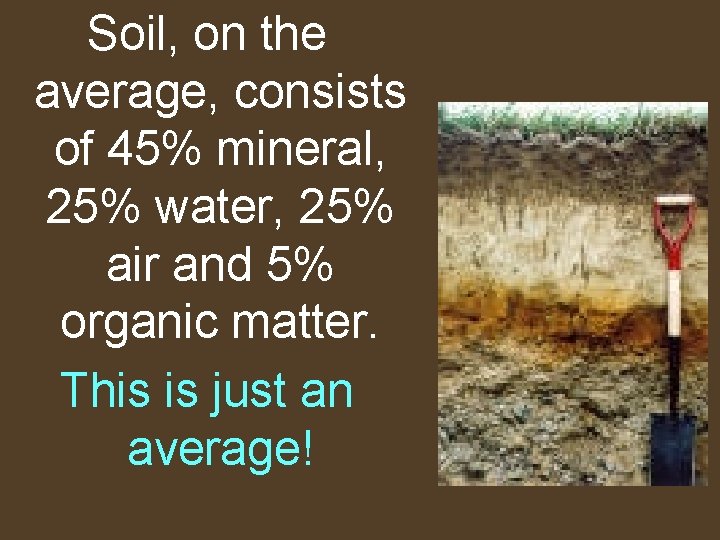 Soil, on the average, consists of 45% mineral, 25% water, 25% air and 5%