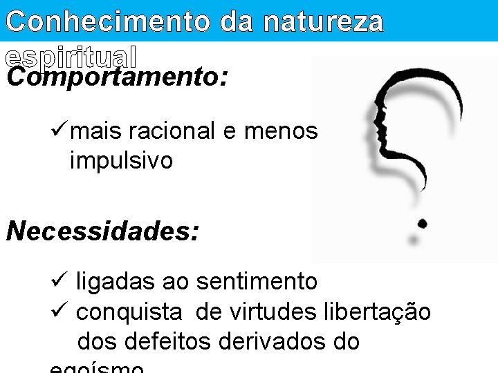 Conhecimento da natureza espiritual Comportamento: ümais racional e menos impulsivo Necessidades: ü ligadas ao