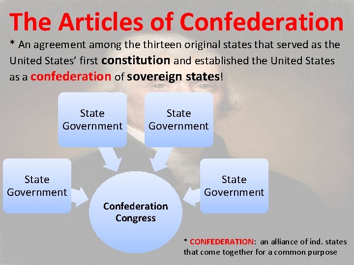 The Articles of Confederation * An agreement among the thirteen original states that served