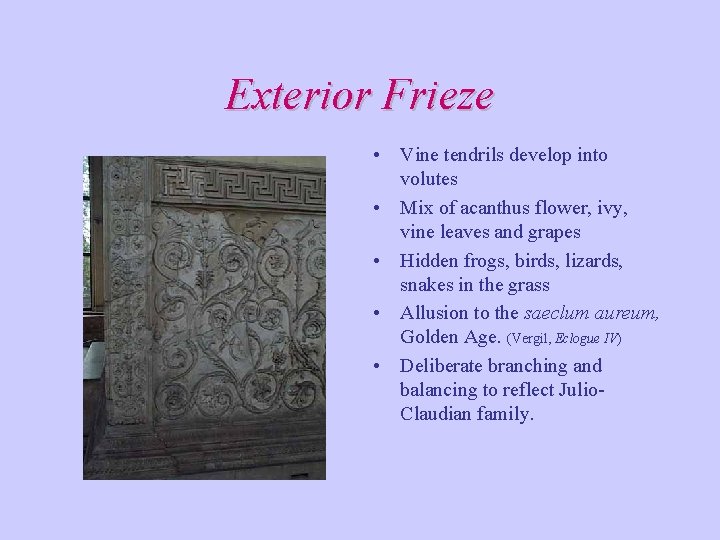 Exterior Frieze • Vine tendrils develop into volutes • Mix of acanthus flower, ivy, Exterior Frieze • Vine tendrils develop into volutes • Mix of acanthus flower, ivy,