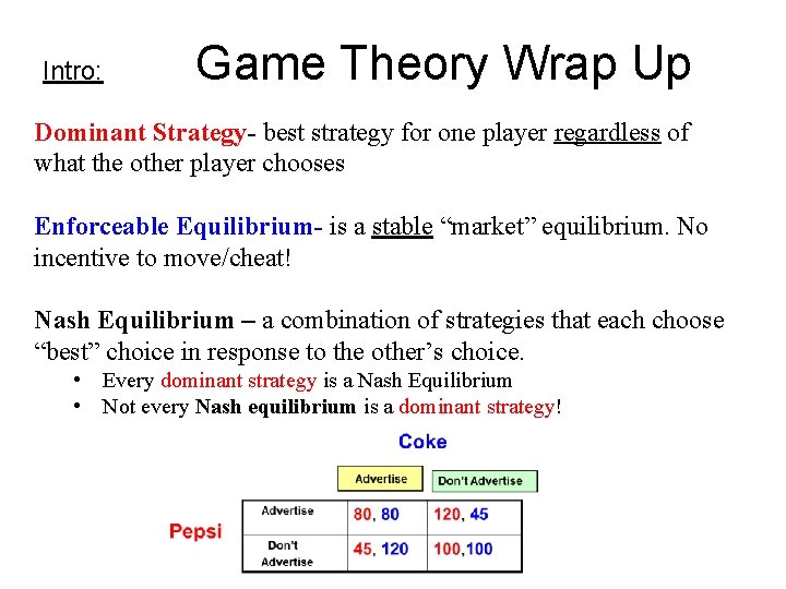 Intro: Game Theory Wrap Up Dominant Strategy- best strategy for one player regardless of