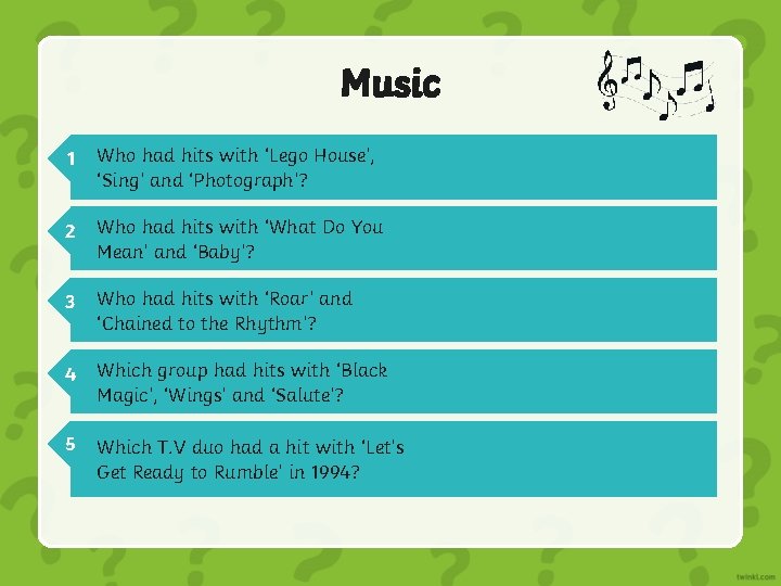 Music 1 Who had hits with ‘Lego House’, ‘Sing’ and ‘Photograph’? Ed Sheeran 2 Music 1 Who had hits with ‘Lego House’, ‘Sing’ and ‘Photograph’? Ed Sheeran 2