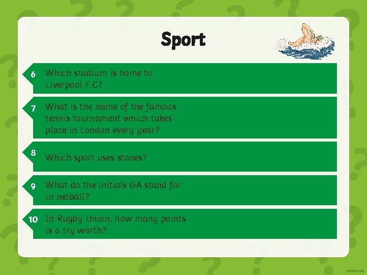 Sport 6 Which stadium is home to Liverpool F. C? Anfield 7 What is Sport 6 Which stadium is home to Liverpool F. C? Anfield 7 What is