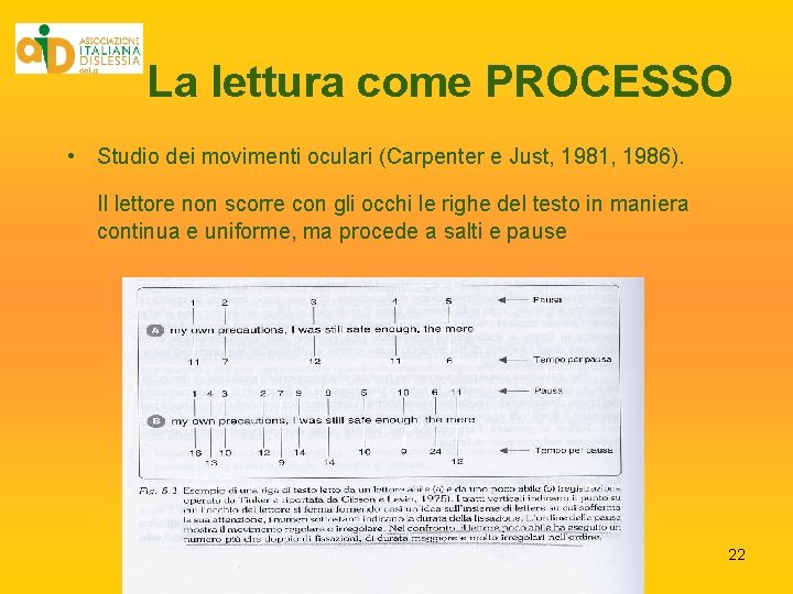 La lettura come PROCESSO • Studio dei movimenti oculari (Carpenter e Just, 1981, 1986). La lettura come PROCESSO • Studio dei movimenti oculari (Carpenter e Just, 1981, 1986).