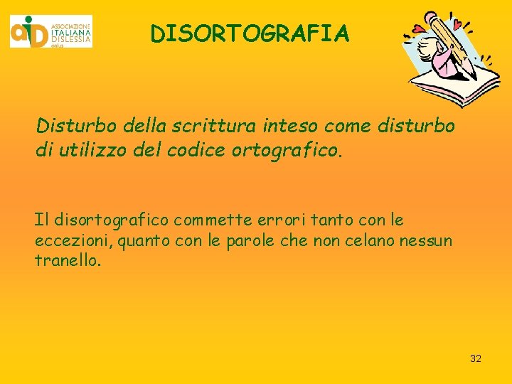 DISORTOGRAFIA Disturbo della scrittura inteso come disturbo di utilizzo del codice ortografico. Il disortografico DISORTOGRAFIA Disturbo della scrittura inteso come disturbo di utilizzo del codice ortografico. Il disortografico