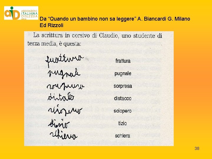 Da “Quando un bambino non sa leggere” A. Biancardi G. Milano Ed Rizzoli 38 Da “Quando un bambino non sa leggere” A. Biancardi G. Milano Ed Rizzoli 38