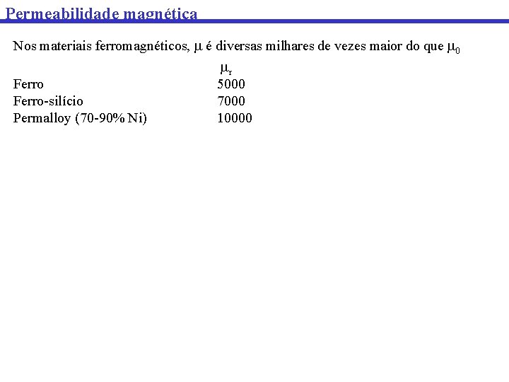 Permeabilidade magnética Nos materiais ferromagnéticos, é diversas milhares de vezes maior do que 0