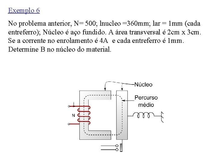 Exemplo 6 No problema anterior, N= 500; lnucleo =360 mm; lar = 1 mm