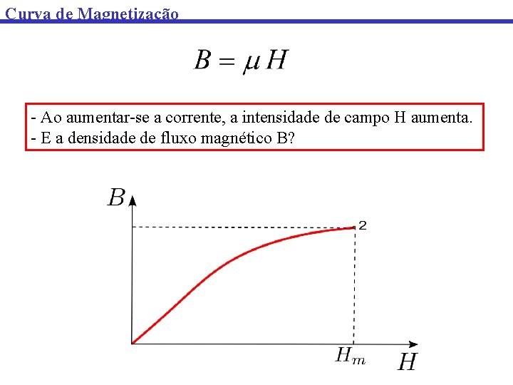 Curva de Magnetização - Ao aumentar-se a corrente, a intensidade de campo H aumenta.