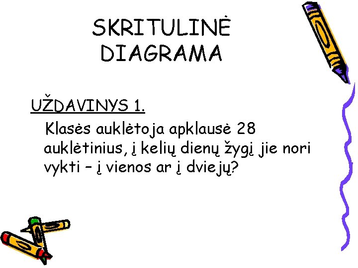 SKRITULINĖ DIAGRAMA UŽDAVINYS 1. Klasės auklėtoja apklausė 28 auklėtinius, į kelių dienų žygį jie