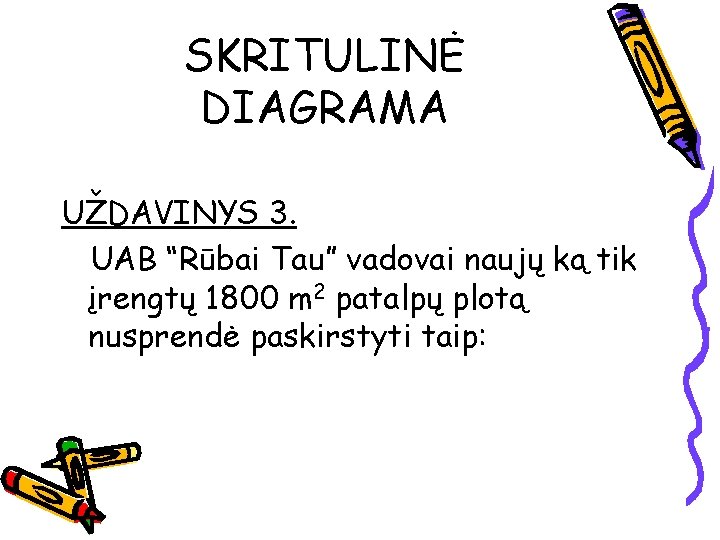 SKRITULINĖ DIAGRAMA UŽDAVINYS 3. UAB “Rūbai Tau” vadovai naujų ką tik įrengtų 1800 m