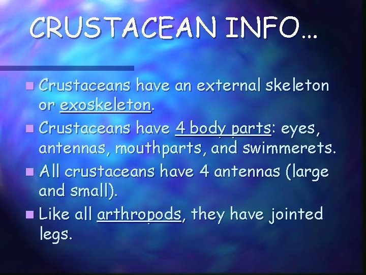 CRUSTACEAN INFO… n Crustaceans have an external skeleton or exoskeleton. n Crustaceans have 4