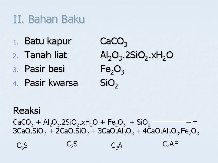 II. Bahan Baku 1. 2. 3. 4. Batu kapur Tanah liat Pasir besi Pasir