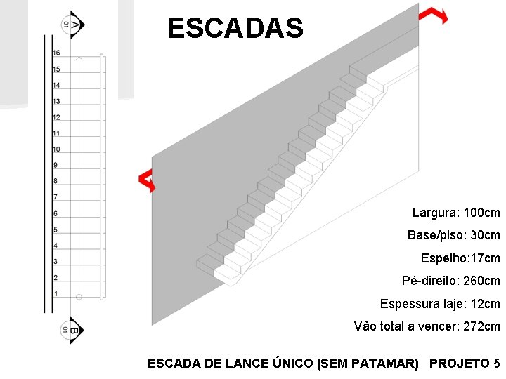 ESCADAS Largura: 100 cm Base/piso: 30 cm Espelho: 17 cm Pé-direito: 260 cm Espessura ESCADAS Largura: 100 cm Base/piso: 30 cm Espelho: 17 cm Pé-direito: 260 cm Espessura