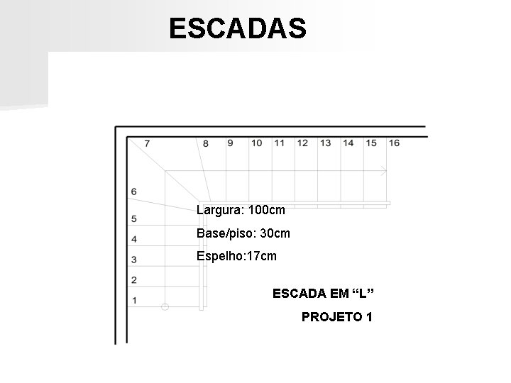 ESCADAS Largura: 100 cm Base/piso: 30 cm Espelho: 17 cm ESCADA EM “L” PROJETO ESCADAS Largura: 100 cm Base/piso: 30 cm Espelho: 17 cm ESCADA EM “L” PROJETO