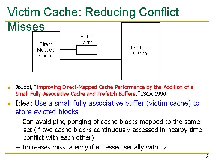 Victim Cache: Reducing Conflict Misses Direct Mapped Cache n n Victim cache Next Level