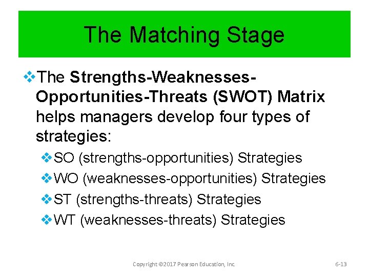 The Matching Stage v. The Strengths-Weaknesses. Opportunities-Threats (SWOT) Matrix helps managers develop four types