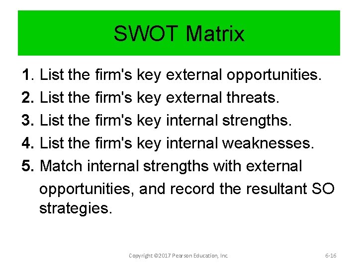 SWOT Matrix 1. List the firm's key external opportunities. 2. List the firm's key