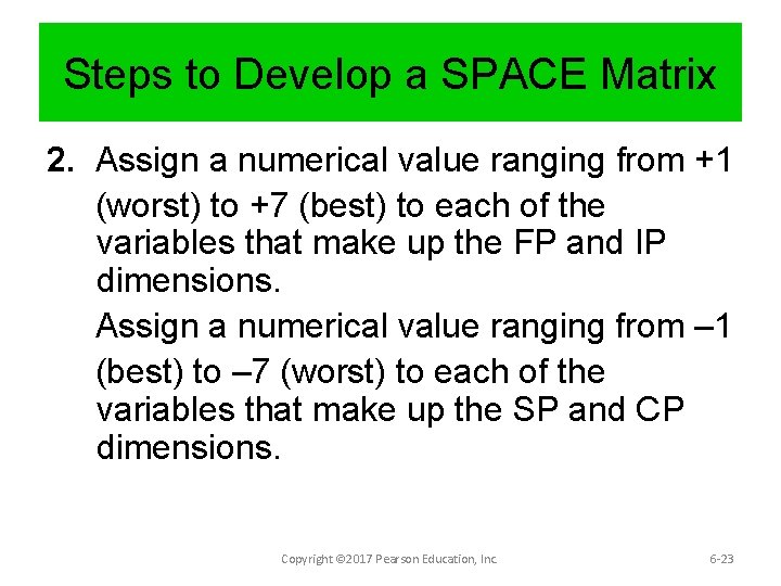 Steps to Develop a SPACE Matrix 2. Assign a numerical value ranging from +1