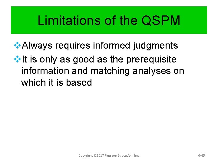 Limitations of the QSPM v. Always requires informed judgments v. It is only as