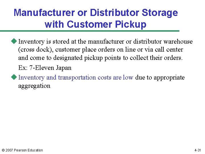 Manufacturer or Distributor Storage with Customer Pickup u Inventory is stored at the manufacturer