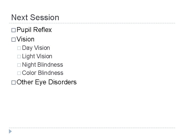 Next Session � Pupil Reflex � Vision � Day Vision � Light Vision �