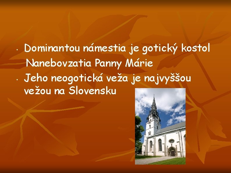  • • Dominantou námestia je gotický kostol Nanebovzatia Panny Márie Jeho neogotická veža