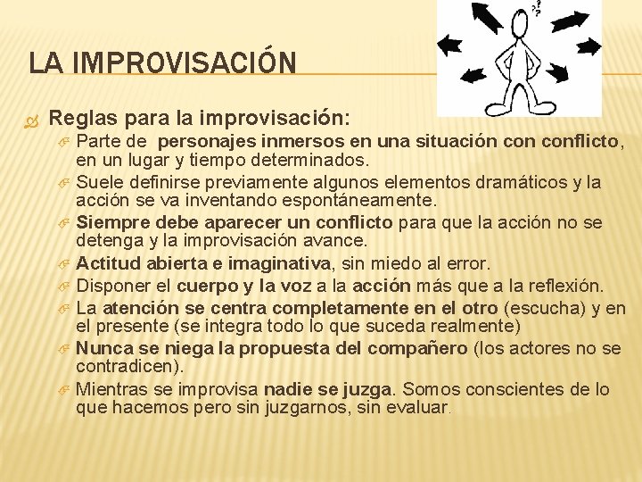 LA IMPROVISACIÓN Reglas para la improvisación: Parte de personajes inmersos en una situación conflicto,