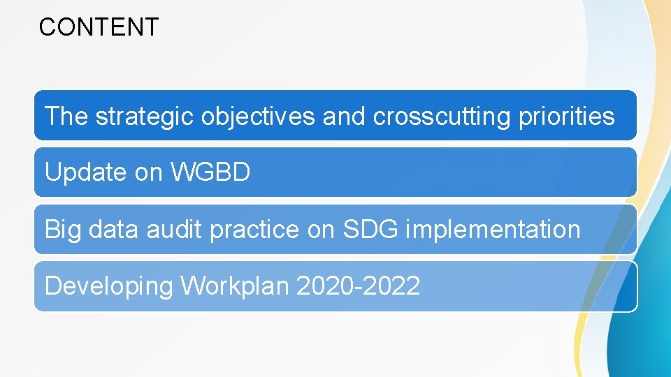 CONTENT The strategic objectives and crosscutting priorities Update on WGBD Big data audit practice