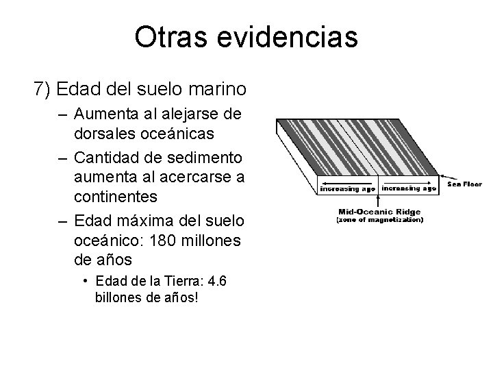 Otras evidencias 7) Edad del suelo marino – Aumenta al alejarse de dorsales oceánicas