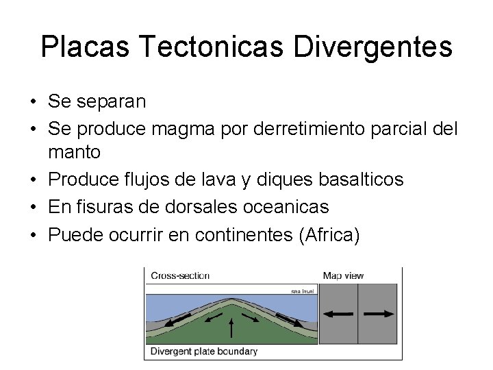 Placas Tectonicas Divergentes • Se separan • Se produce magma por derretimiento parcial del