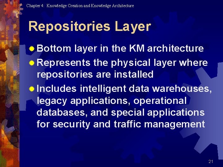 Chapter 4: Knowledge Creation and Knowledge Architecture Repositories Layer ® Bottom layer in the