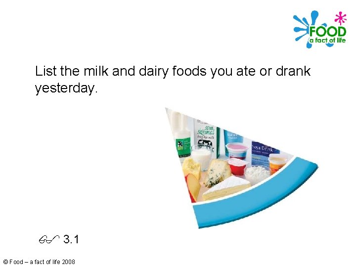 List the milk and dairy foods you ate or drank yesterday. 3. 1 ©