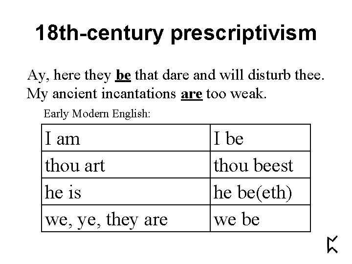 18 th-century prescriptivism Ay, here they be that dare and will disturb thee. My