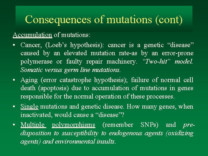 Consequences of mutations (cont) Accumulation of mutations: • Cancer, (Loeb’s hypothesis): cancer is a
