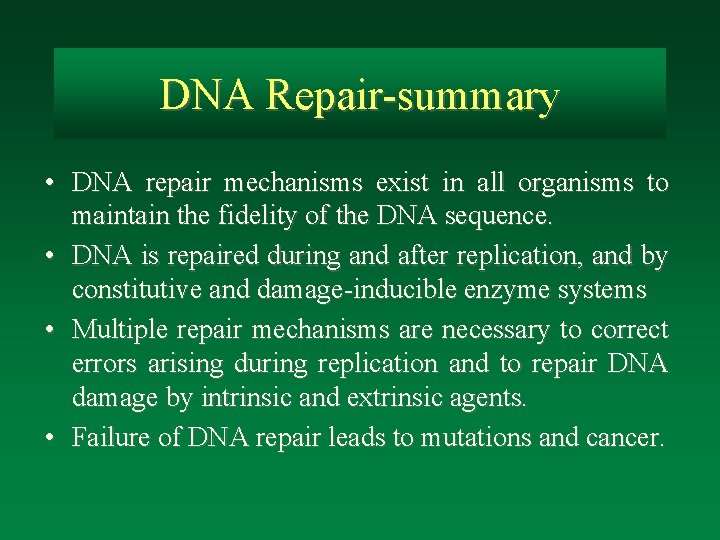 DNA Repair-summary • DNA repair mechanisms exist in all organisms to maintain the fidelity
