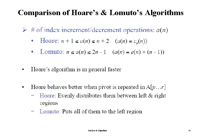 Comparison of Hoare’s & Lomuto’s Algorithms Analysis of Algorithms 24 