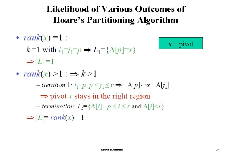 Likelihood of Various Outcomes of Hoare’s Partitioning Algorithm Analysis of Algorithms 39 