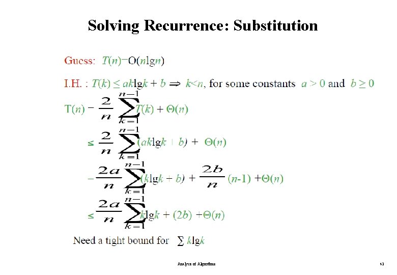 Solving Recurrence: Substitution Analysis of Algorithms 43 