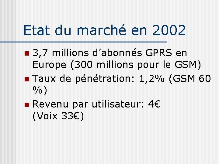 Etat du marché en 2002 3, 7 millions d’abonnés GPRS en Europe (300 millions