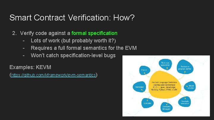 Smart Contract Verification: How? 2. Verify code against a formal specification - Lots of