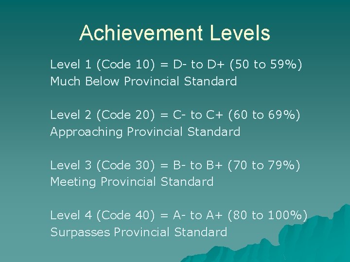 Achievement Levels Level 1 (Code 10) = D- to D+ (50 to 59%) Much