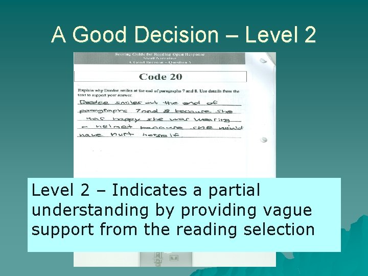 A Good Decision – Level 2 – Indicates a partial understanding by providing vague